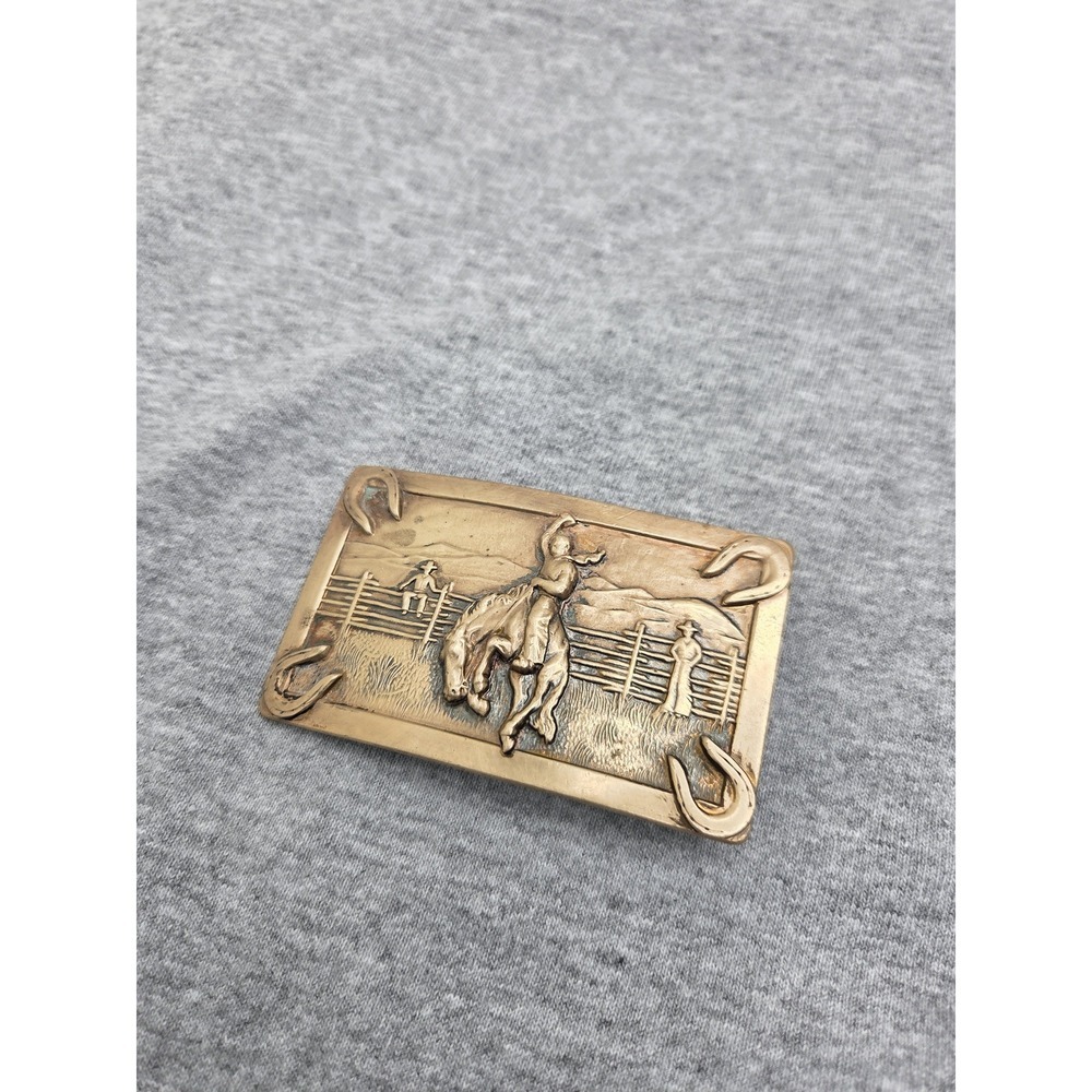 Vintage Justin Belt Co Bronco Rodeo Solid Brass Cowboy Western Belt Buckle Texas - Picture 2 of 5